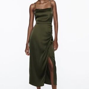 Zara Olive Green Satin Slit Dress